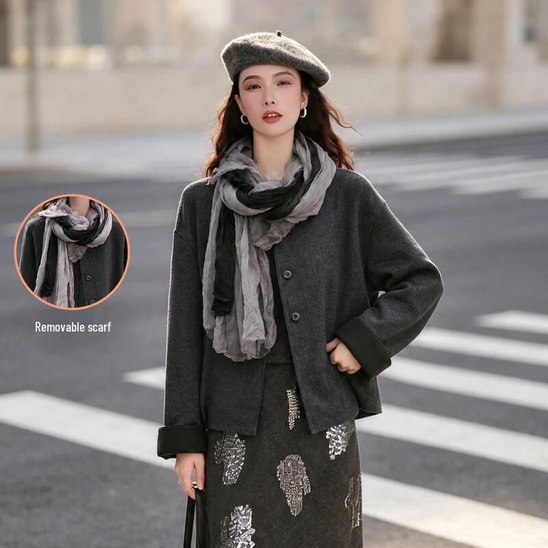 Bailuyu Relaxed Fit Cropped Jacket with Scarf Collar