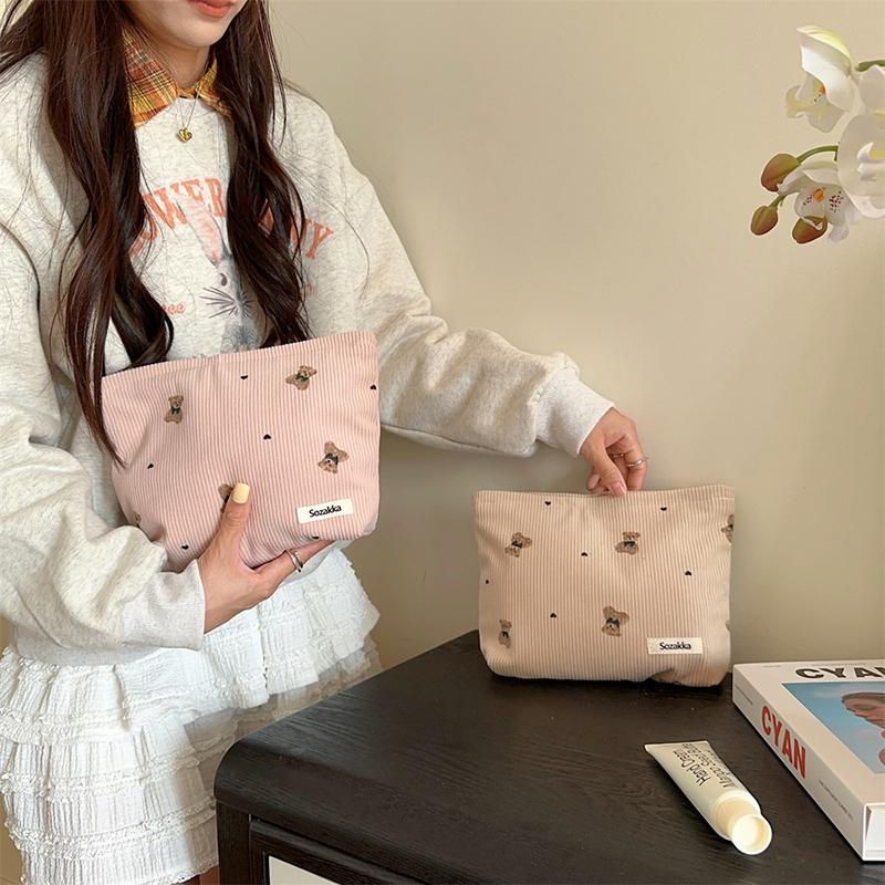 Portable Cartoon Bear Makeup Bag Corduroy Large Capacity Cosmetic Bag Pen Bags For Women Lady Girl