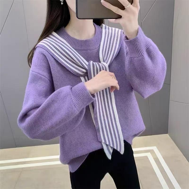 Stylish Women's Purple Striped Shawl Sweater - Plus Size Knitted Fake Two-Piece, Winter 2025