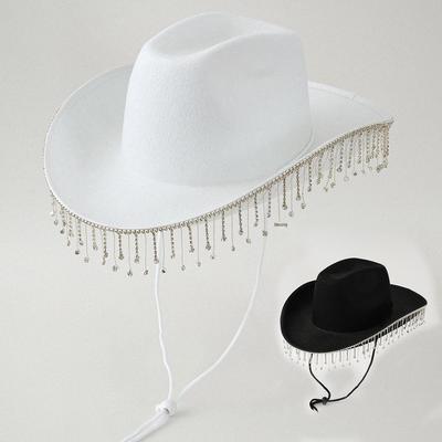 Western Cowboy Hats for Men & Women with Tassel & Rhinestone Details - Adjustable Rope for Holidays