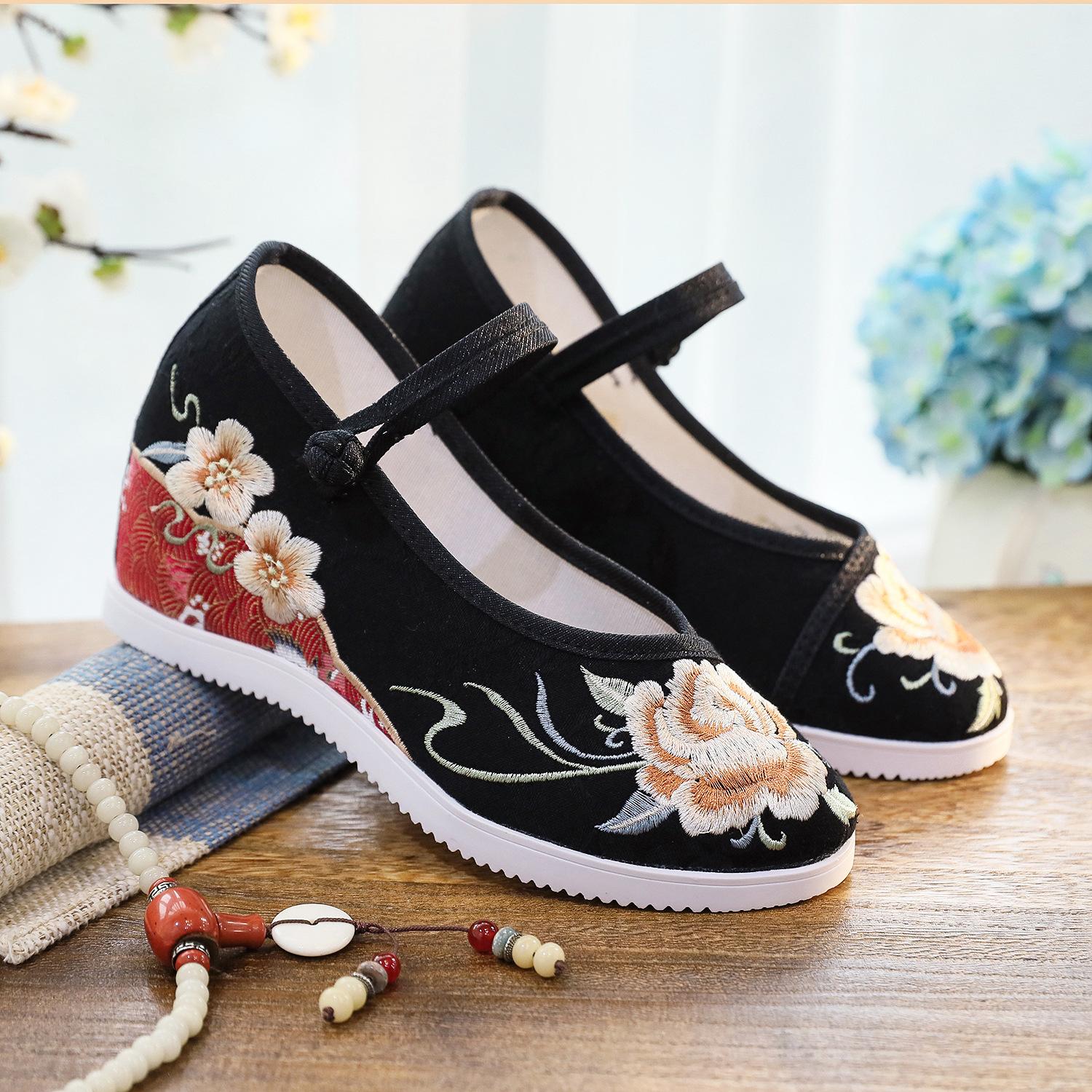 

Чанцин, новые туфли из ткани старого Пекина на платформе с вышивкой и круглым носком для женщин, увеличивающие внутреннюю высоту, для ношения с ханьфу 38 чёрный