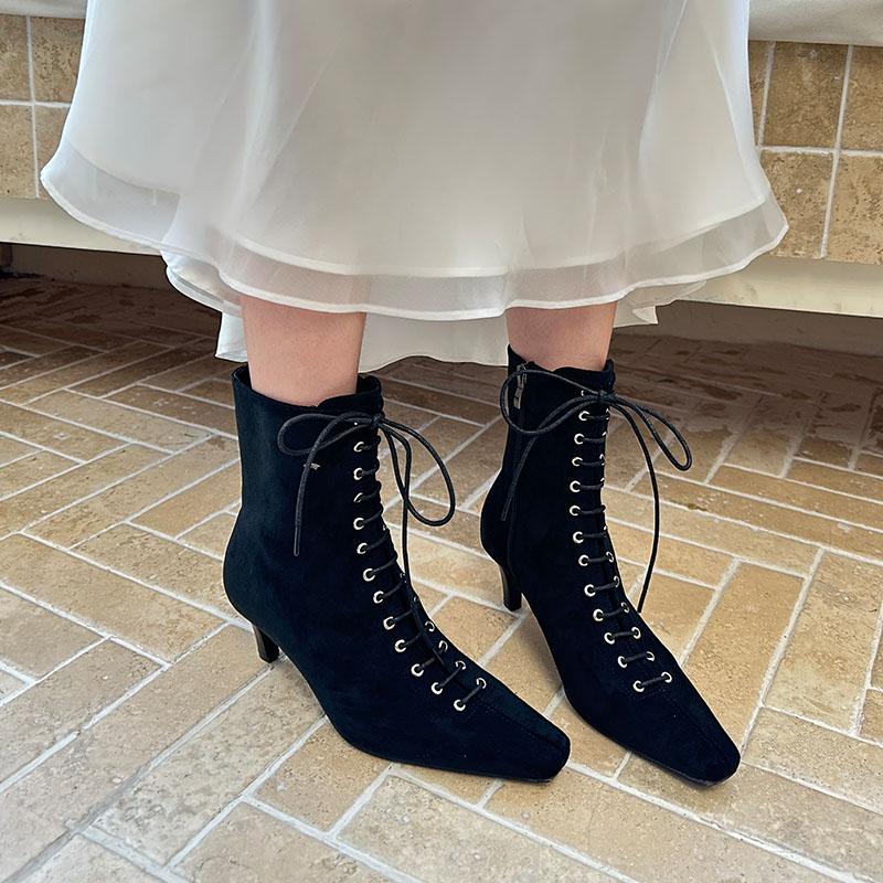 Fashion Pointed Toe Ladies Modern Ankle Boots Female Heels Footwear Flock Fashion Lace Up Elegant Women Short Boots Shoes Pumps lady