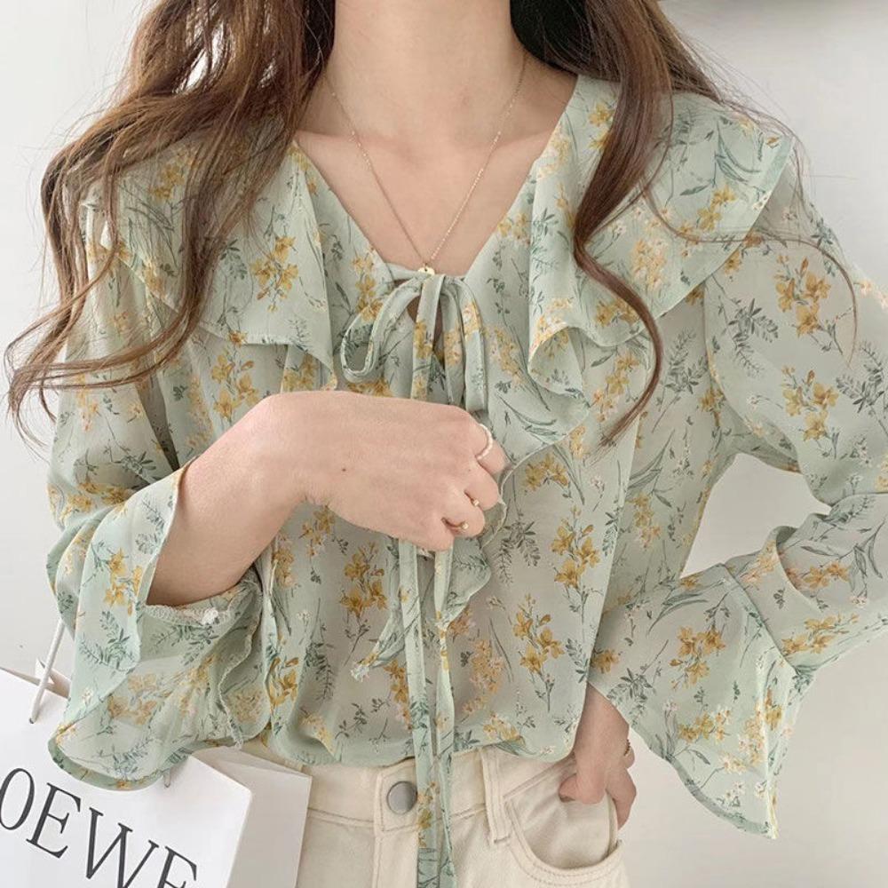 New Western Style Ruffled Small Fresh Chiffon Loose Lace Up Shirt Women's Top Long Sleeved