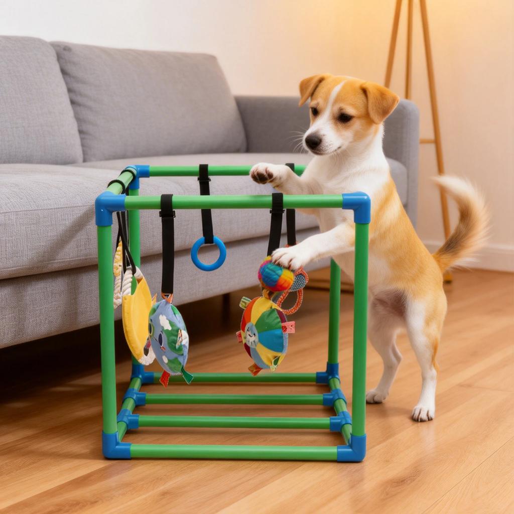 Parc d'activités pour chiots avec 8 jouets suspendus Parc d'attractions Jungle pour petits chiens Cadre en PVC Parc pour chiens pour jouer et se divertir