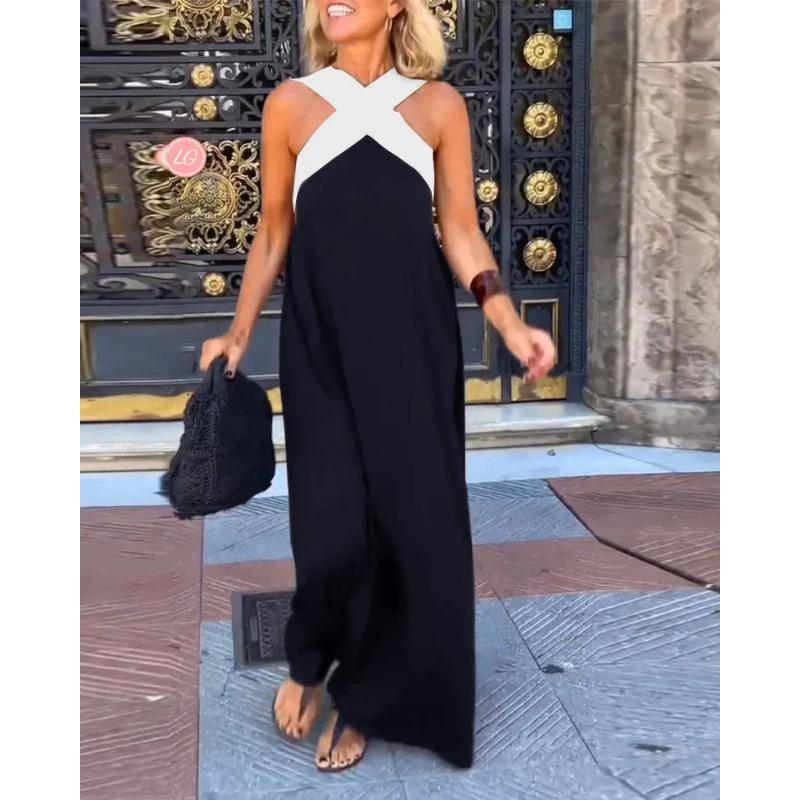 Summer Sleeveless Loose Casual Long Dress New Big Size Women A-line Cross Party Patchwork Dress Sweet Streetwear Sexy Clothing