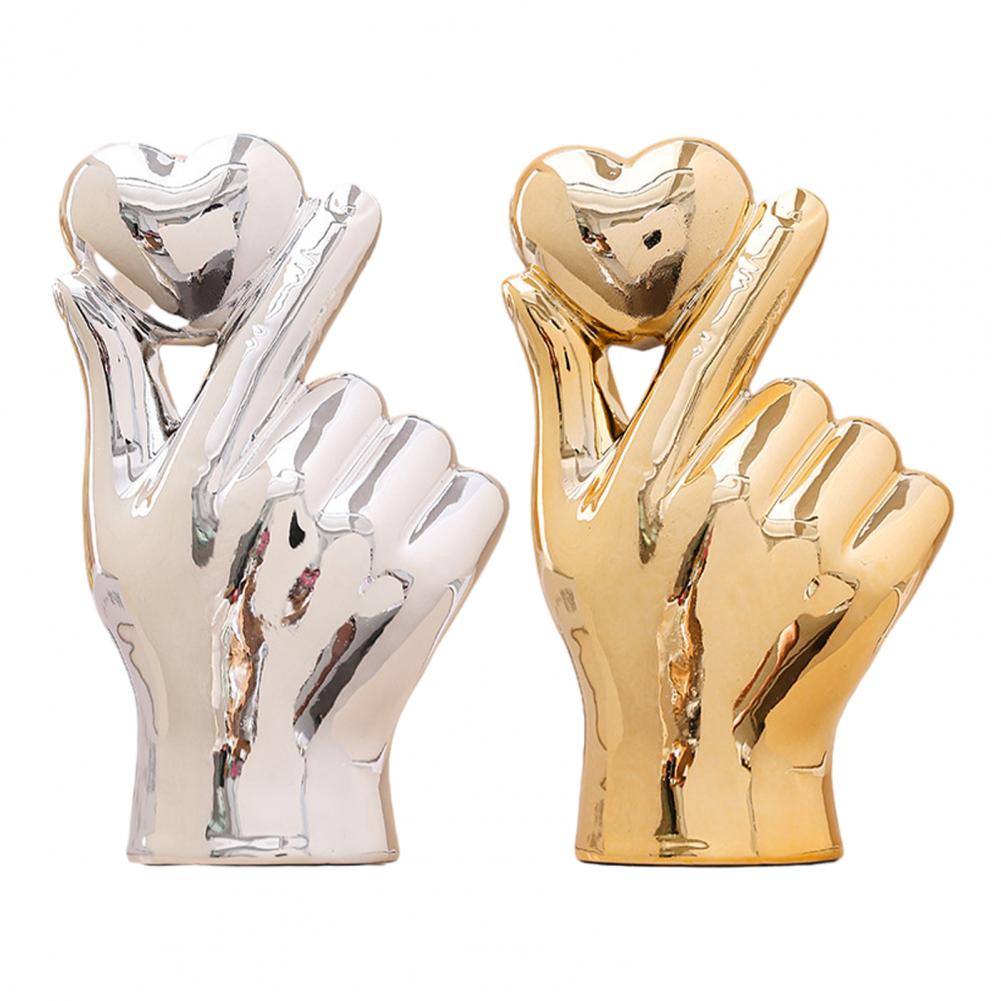 Heart Hands Sculpture Home Decor Love Gesture Ceramic Hand Statue with Golden Silver Finish Heart Sculpture Table Ornament