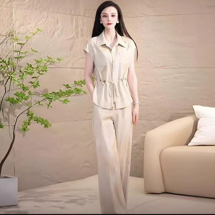 

Chic Waist-Cinching Short-Sleeve Top & Wide-Leg Pants Set for Women - Elegant Summer Style M (below 90 lbs) брудно-білий