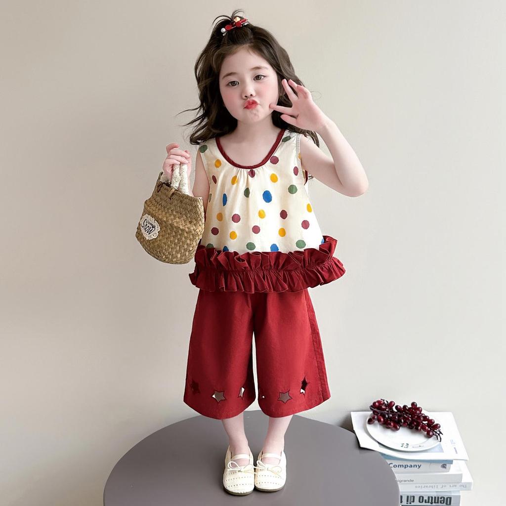 Girls' Colorful Polka Dot Vest & Star Pants Set - 2026 Summer Casual Outfit
