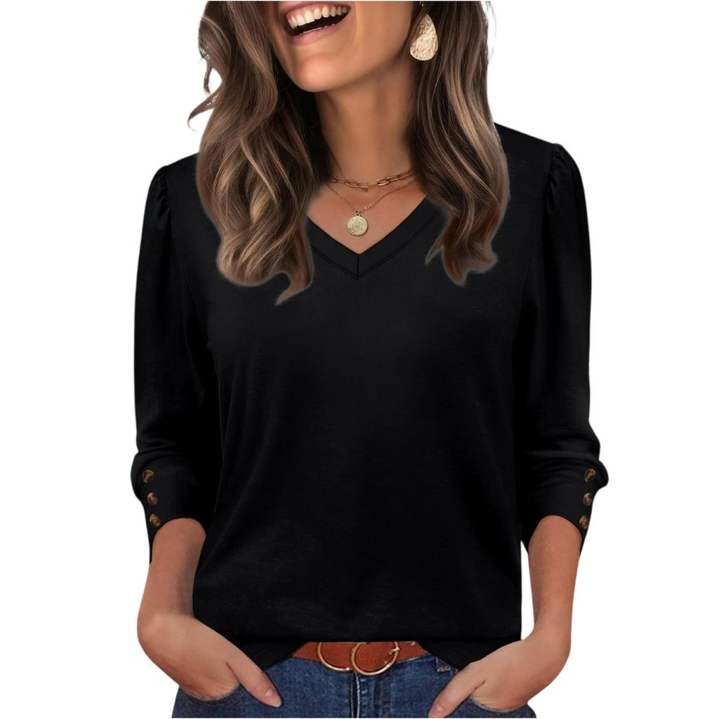Women's Fashion Casual Solid Color V-neck  T-shirt Top