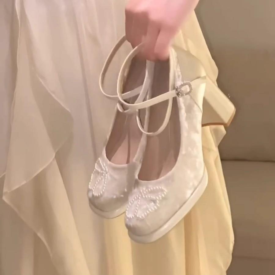 

Shoes fairy style high heels thick heel Mary Jane single shoes women s shoes with horse dress spring new models 34 абрикосовый