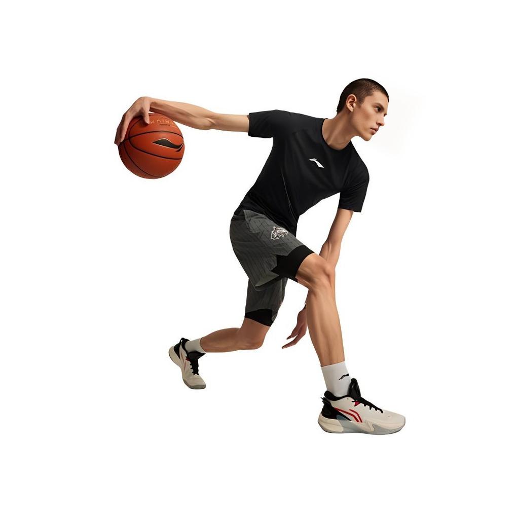 Li Ning CBA Series Solid Color Logo Round Neck Comfortable Breathable Slim Fit Short Sleeve Fitness Shirt Men tops Black AUDU113-2