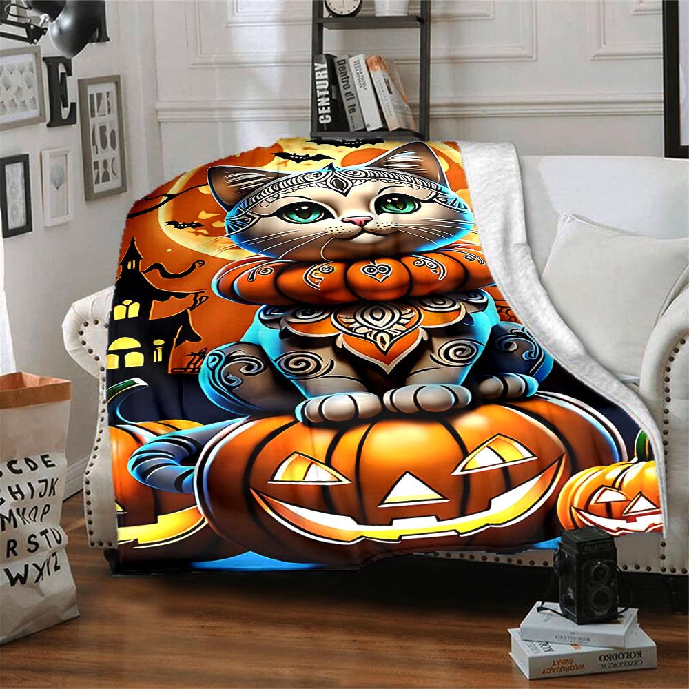 1pc Pumpkin Cat Blanket, Lightweight Flannel Throw Blanket for Sofa, Bed, Travel, Camping, Living Room, Office, Couch027