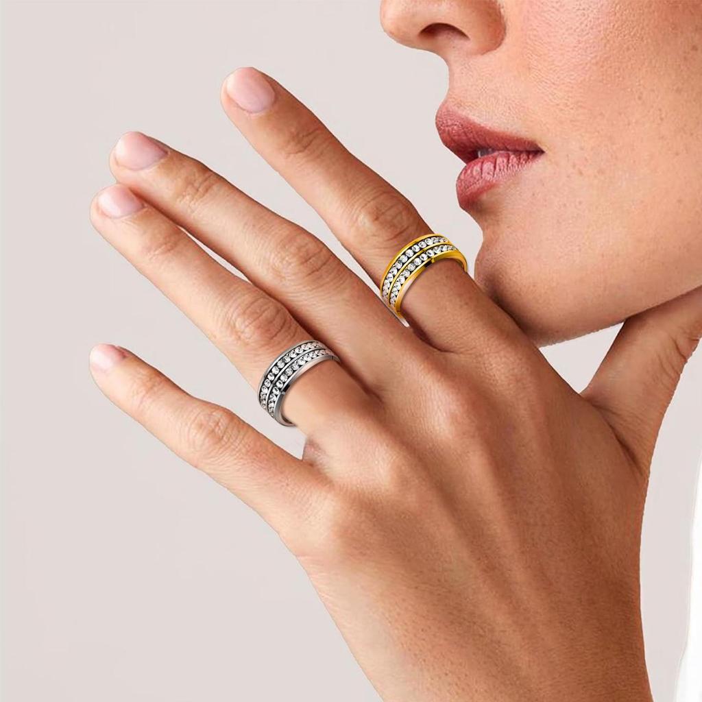 European and American Style Titanium Steel Double Row Diamond Ring - Korean High-end Stainless Steel Jewelry