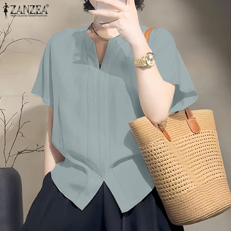 ZANZEA Women Casual V-Neck Loose Summer Short Sleeve Blouse