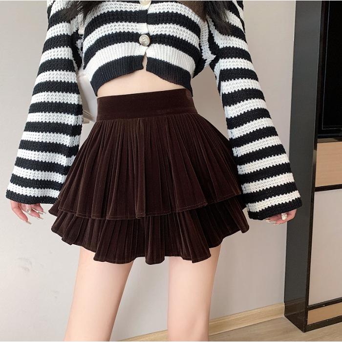 Plissierter Samtrock - Damen High Waist Cake Design für Frühling, Herbst und Winter 2023