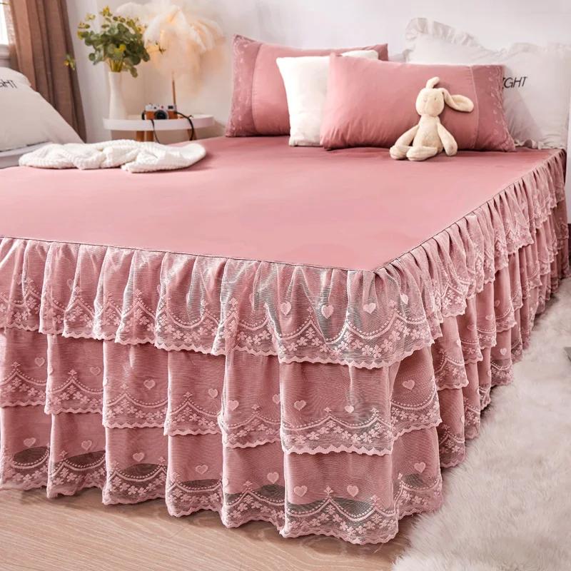 Classic Romantic Lace Layer Bed Skirt Set 3Pcs Bedding Set Ruffle Anti-slip Bedspread with Pillowcases Pure Color Bedroom Decor