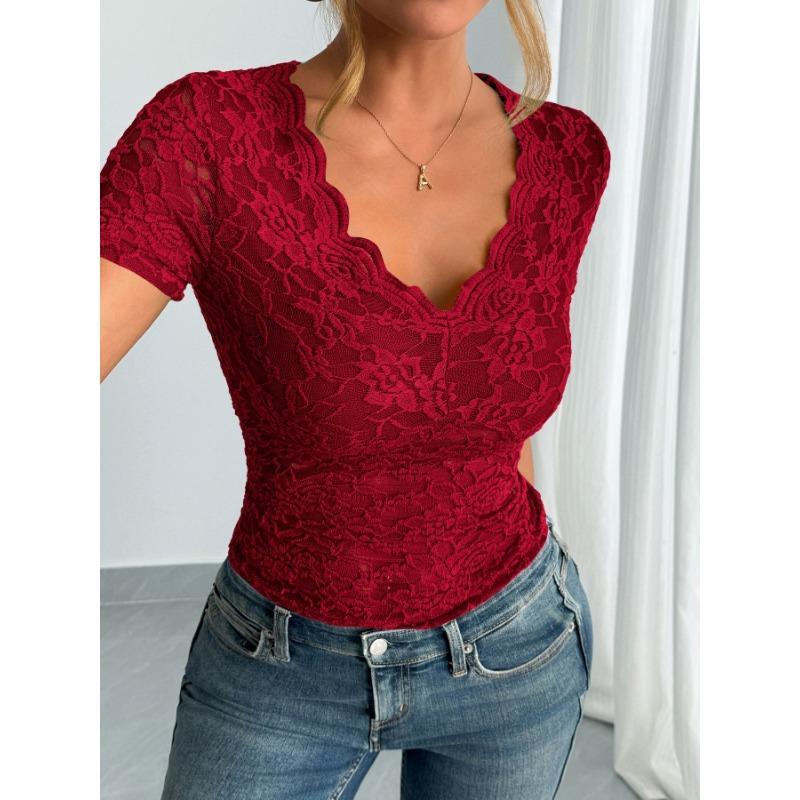 Women S Sexy Lace V Neck Short Sleeve Top