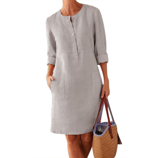

Casual Women Loose Solid Color Buttons Cotton Linen Long Sleeve Midi Dress XL сірий