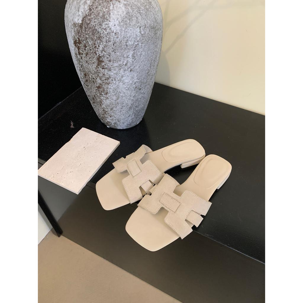 Mori Retro Polished One-word Cool Slippers with Skirt Sandals 2025 Summer New French Square Head Flat Bottom Sandals