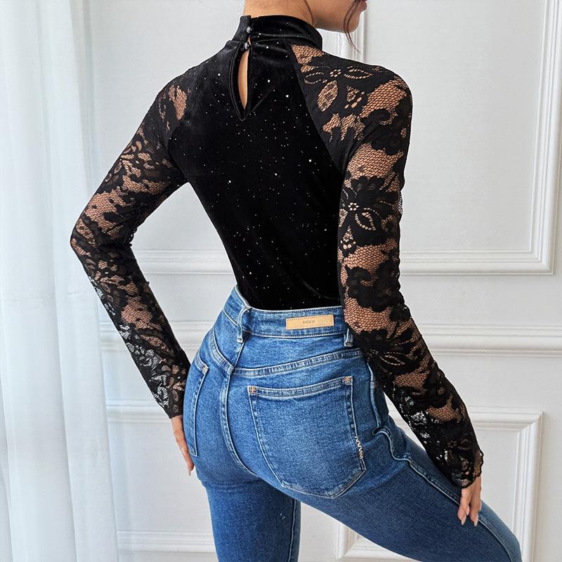 2025 Retro Chic Lace Patchwork Jumpsuit with Semi-High Collar