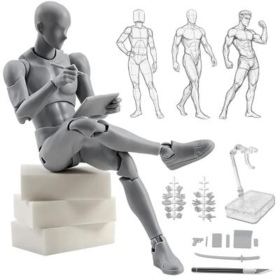CHALAN Drawing Movable Figure with 30 Moveable Joints and Stand by Professional Manga Drawing Male and Muscular Drawing Character Art Male Gray Doll,