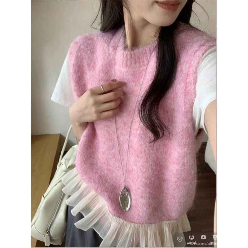 Korean Petite Lace Patchwork Knitted Sweater Vest