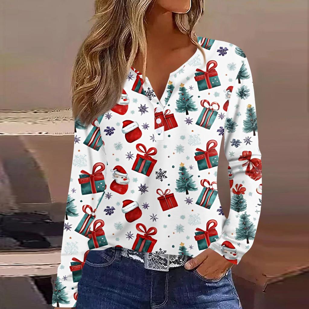 Women's T Shirt Tee Christmas Printed Button Long Sleeve Tunic Daily Weekend Fashion Basic V- Neck Regular Top