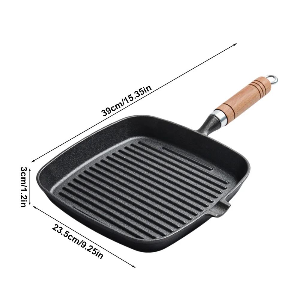 Cast Iron Grill Pan Non-Stick Square Skillet with Drip Spout with Wooden Handle for Indoor & Outdoor Grilling