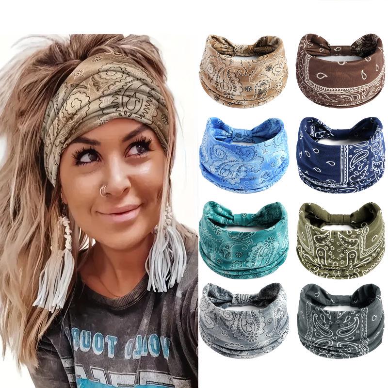European Bohemian Cashew Yoga Sports Elastic Cotton Turban Headband for Women