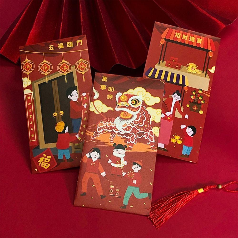 6Pcs Chinese Style Chinese New Year Red Envelopes Paper Money Packet Children