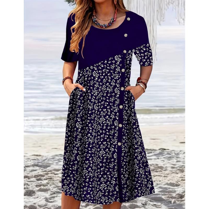 

IHUASU Fashion Summer Spring Short Sleeve O-Neck Casual Dresses S