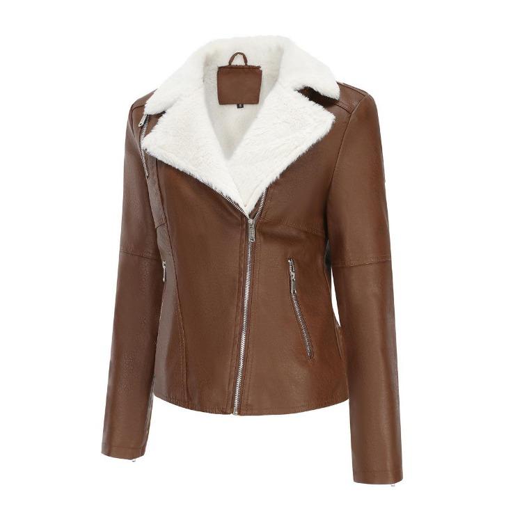 Women Fashion Slim Fit Pu Leather Jacket Long Sleeve Lapel Collar Zipper Fall Winter Coat