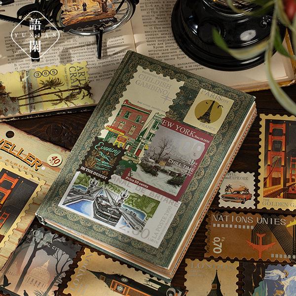 Yu Xian Traveler's American Stamp Stickers: 40 Sheets, 4 Styles, Hot Stamping Perfect for Collage