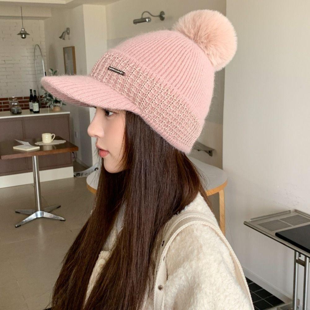 Knitted Winter Baseball Cap Windproof Brimmed Windproof Hat Thermal Knit Visor Beanie Girls
