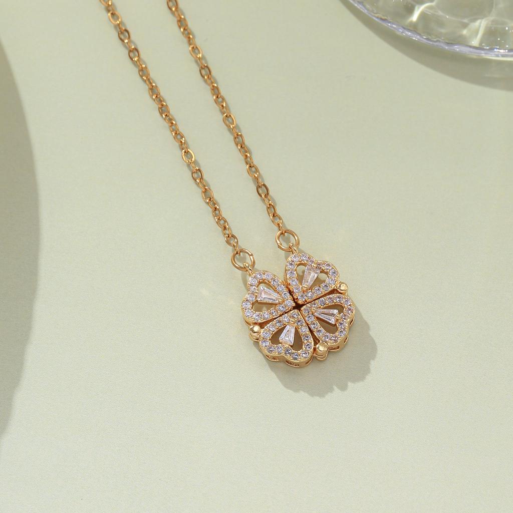 Reversible Clover/Heart Zircon Necklace Stainless Steel Fashion Jewelry for Women