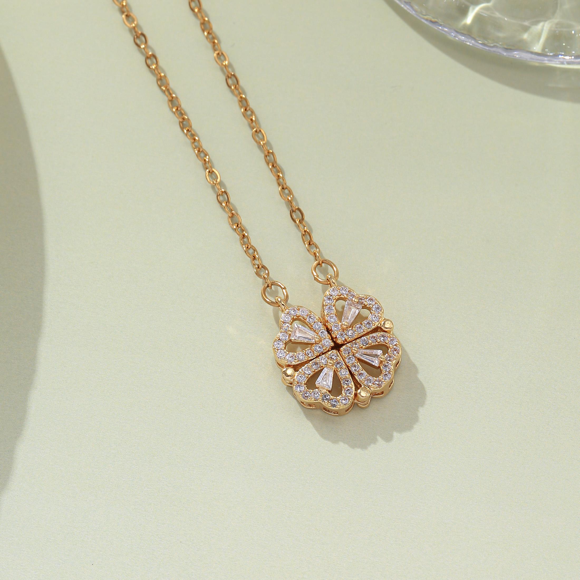 

Reversible Clover/Heart Zircon Necklace Stainless Steel Fashion Jewelry for Women золотистый