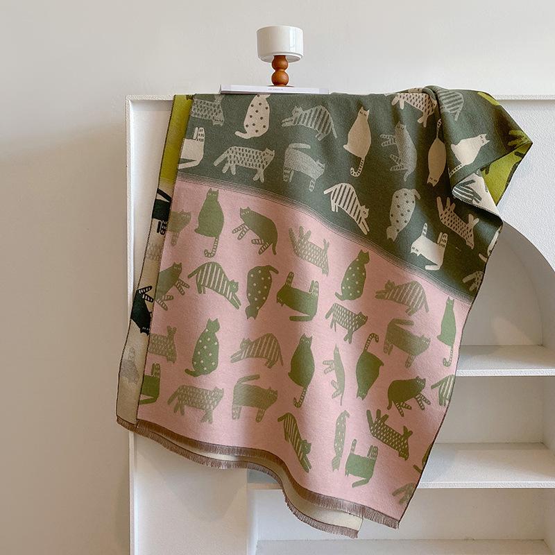 Scarf female retro autumn and winter versatile color matching cartoon cat long thickened warm imitation cashmere shawl