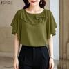 Women Square Collar Loose Casual Ruffles Short Sleeve Blouse