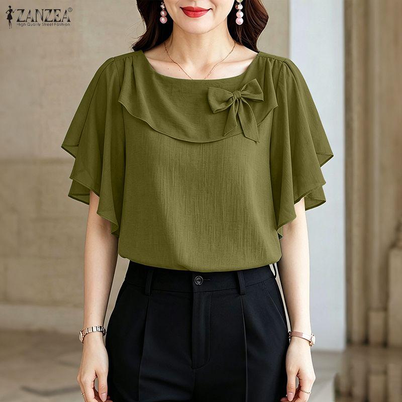 ZANZEA Blusa casual larga da donna con scollo quadrato, maniche corte e balze