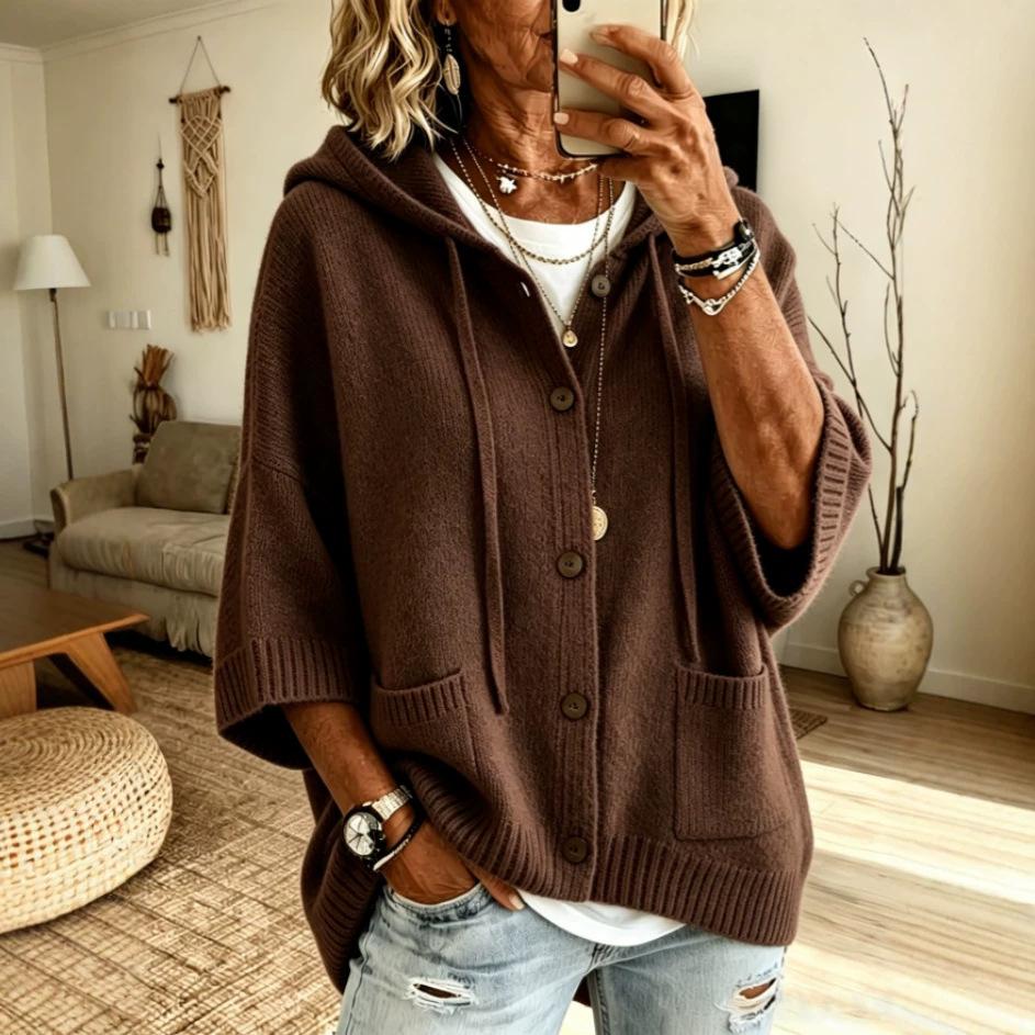 2026 European and American button-knitted hooded sweater cardigan jacket autumn and winter new solid color casual fashion women's clothing