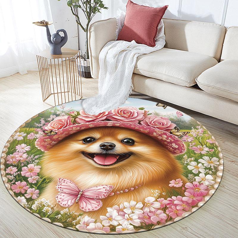 Pomeranian & Flowers pattern round rug,Carpet Rug for Living Room Bedroom Playroom ,Non-slip Floor Mat,Holiday Gifts and Birthday Gifts.