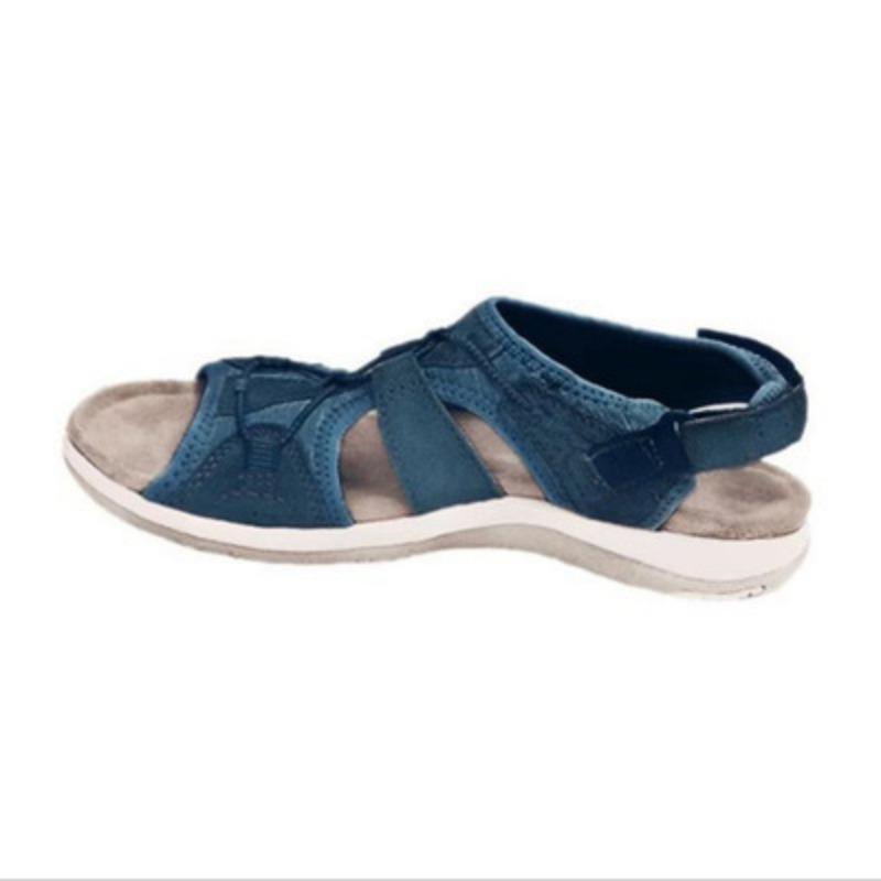 New slope heel sandals round head Velcro retro one-word large size beach solid color sandals women
