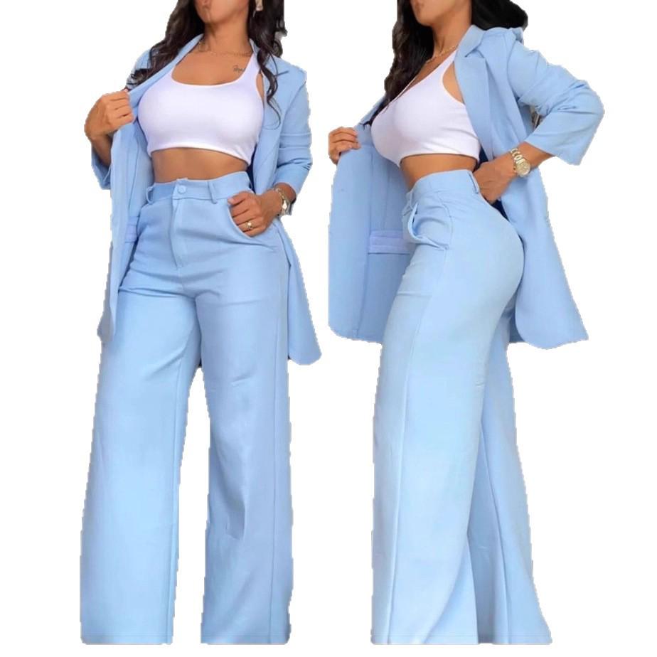 2026 Summer Elegant Women's Solid Color Split Sleeve Suit with Straight Leg Pants