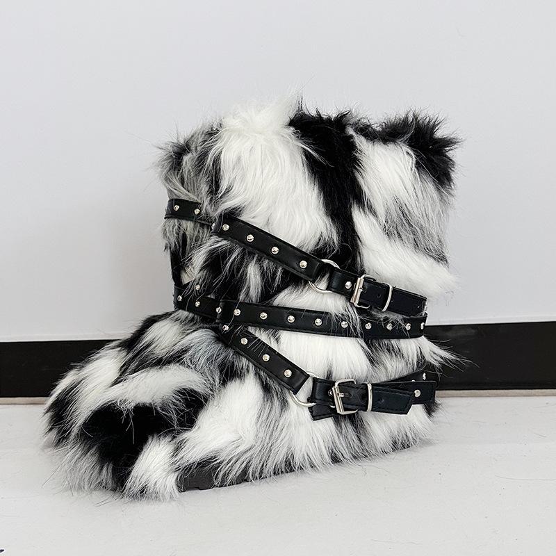 Damen Winterimitat Fuchsfell Stiefel Gürtel Punk Europäisch und Amerikanisch hoher Schaft 40 langer Schaft Schneestiefel Schuhe