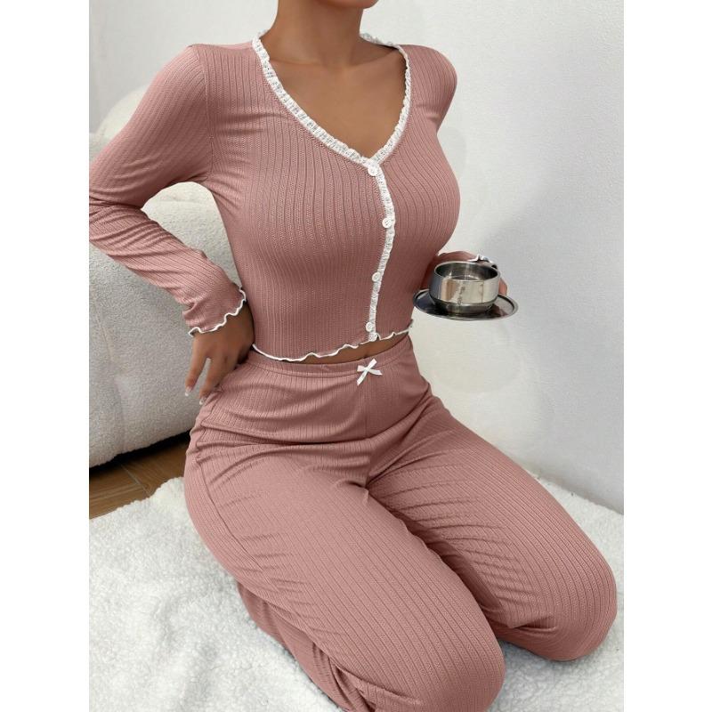 Women Sexy Slim Lace Trim Long Sleeve Long Pants Pajama Set Home Loungewear