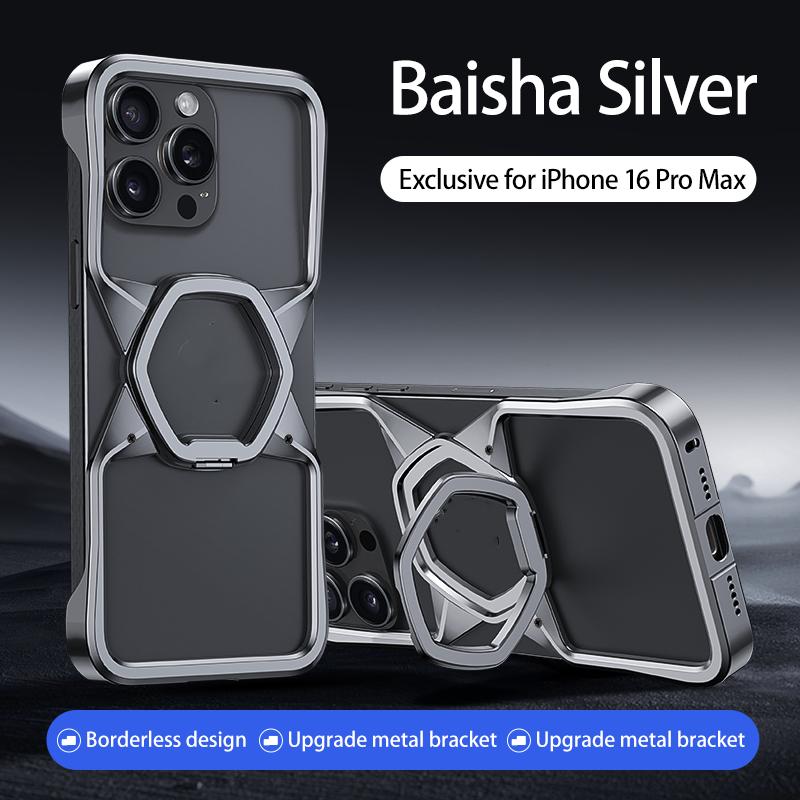 Hot Aluminum Alloy Magnetic Frameless Phone Case for iPhone 16 15 14 Pro Max With Metal Kickstand Shockproof Bumper Shells Cover
