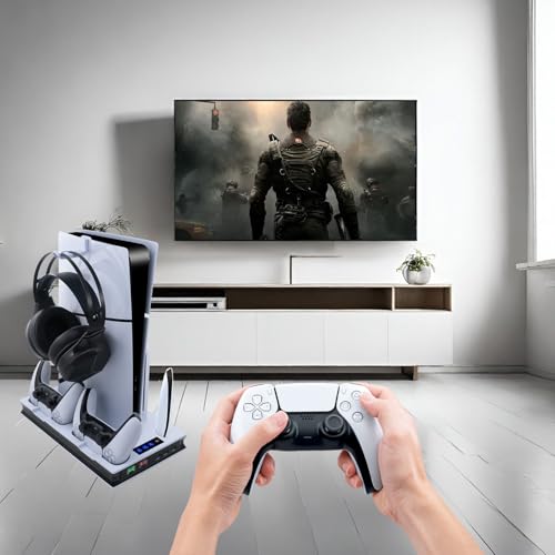 Mcbazel PS5 Pro/PS5/PS5 Slim Compatible Vertical Stand Multifunctional Cooling Fan Charging Stand Supports Dual Controller Charging Compatible with PS