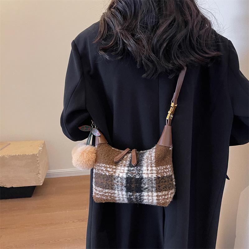 Modische Karotasche Damen 2025 neu wolliges Karomuster kontrastfarbig kleine quadratische Tasche hochwertig einzelne Schulter Umhängetasche