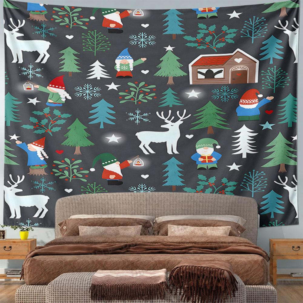 "Winter Gnomes and Woodland Scene" Pattern Wall Hanging Tapestry Decorative Tapestry Home Decor for Bedroom and Living Room