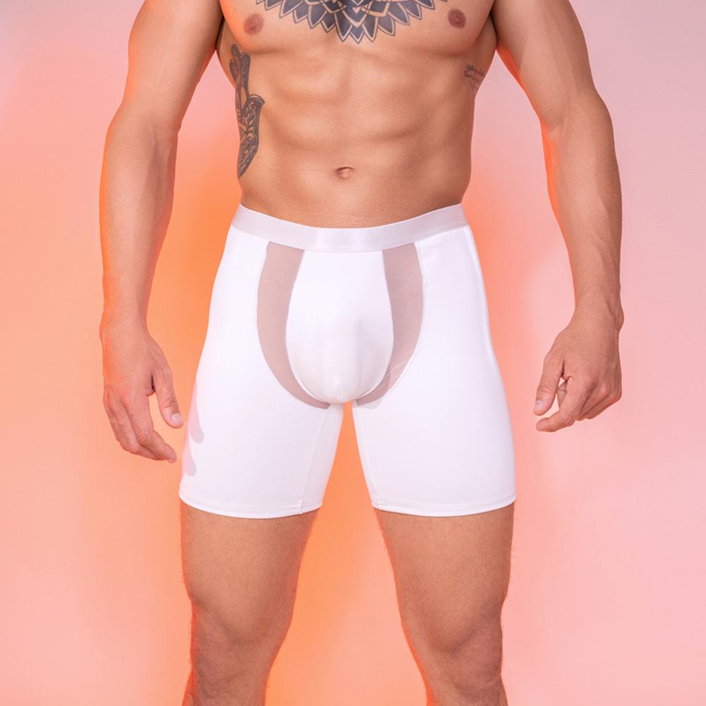 Sexy Men Pu Patchwork Elastic Boxer Mesh Sheer Transparent Shorts U Bulge Pouch Leggings Shaper Wear For Male Gym Fashion